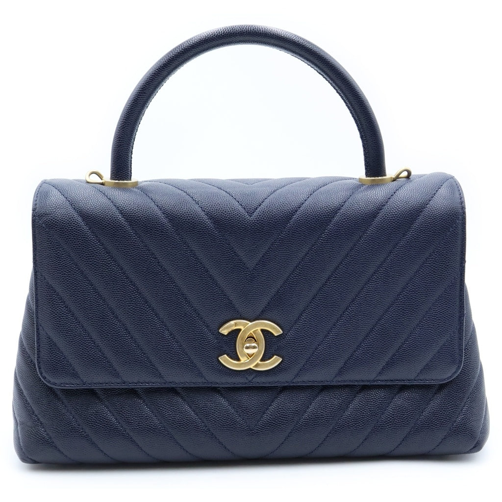 CHANEL(シャネル) ココマーク Vステッチ ココハンドルS ハンドバッグ ショルダーバッグ 2WAY ネイビー キャビアスキン ゴールド金具 A92991 レディース
