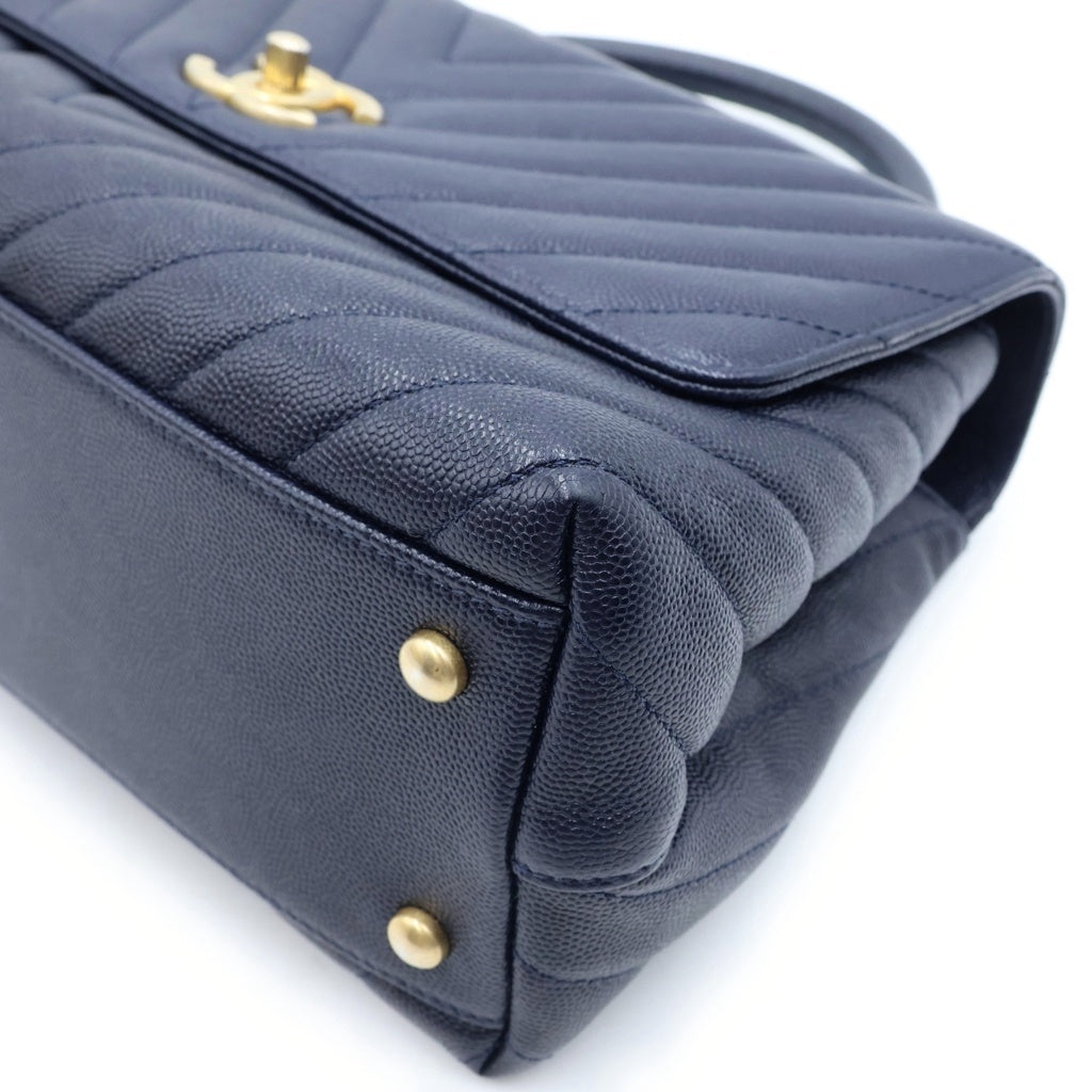 CHANEL(シャネル) ココマーク Vステッチ ココハンドルS ハンドバッグ ショルダーバッグ 2WAY ネイビー キャビアスキン ゴールド金具 A92991 レディース