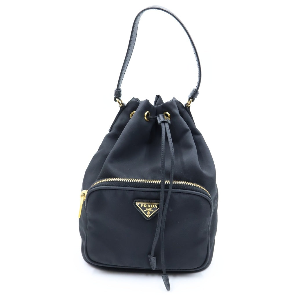 PRADA(プラダ) Re-Nylon トライアングルロゴ デュエット ハンド バケット ショルダーバッグ 巾着 ナイロン ブラック 1BH038 レディース
