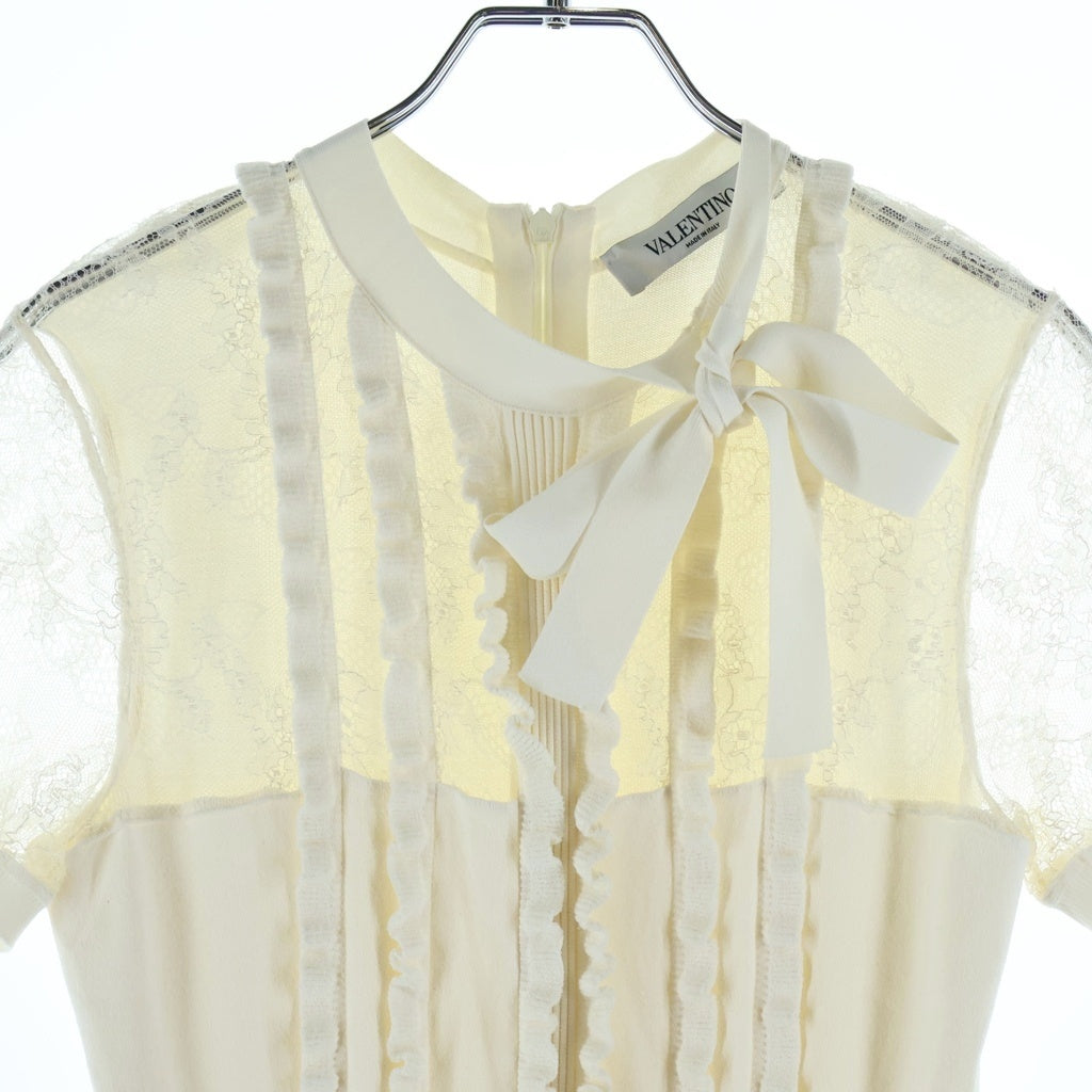 VALENTINO(ヴァレンティノ) ボウタイ レース シルク ウエスト切替 半袖 ワンピース フリルニットワンピース #ホワイト レディース