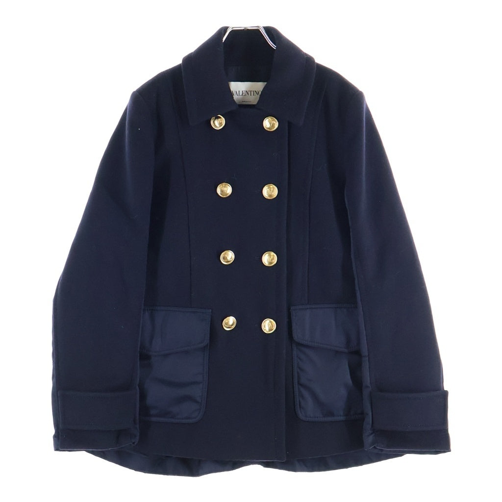 VALENTINO(ヴァレンティノ) カシミヤ混 ナイロン切り替え ダブルブレストショートコート 金ボタン ウール ネイビー WB3CJ21515E レディース
