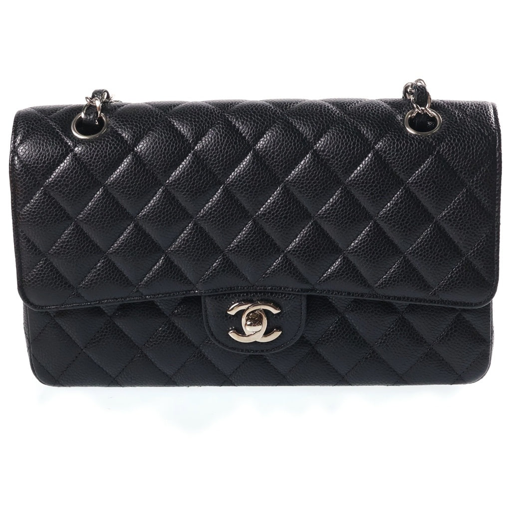 CHANEL(シャネル) マトラッセ25 Wフラップ Wチェーン キャビアスキン シルバー金具 チェーンショルダーバッグ ブラック A01112 レディース
