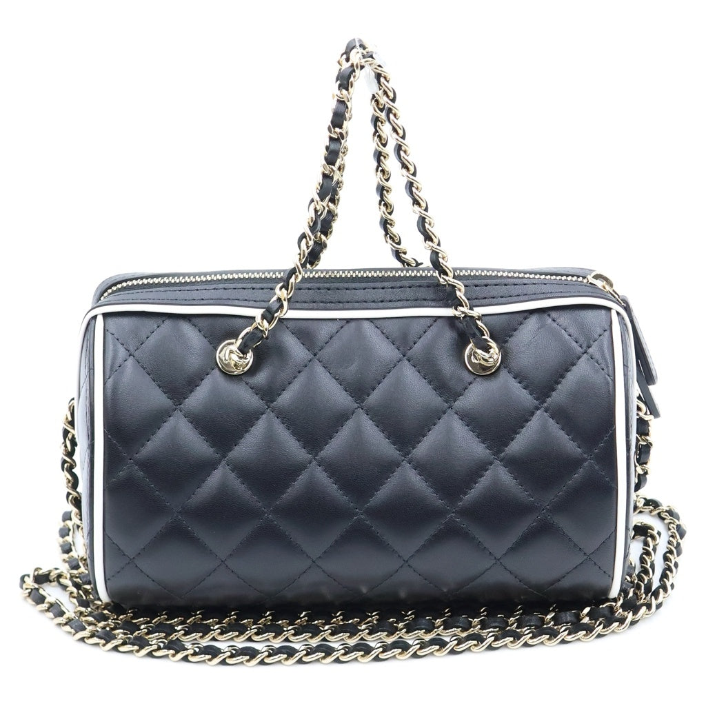 CHANEL(シャネル) マトラッセ ボストンショルダーバッグ チェーンミニバッグ ブラック×ホワイト ラムスキン AP4515 ゴールド金具 レディース