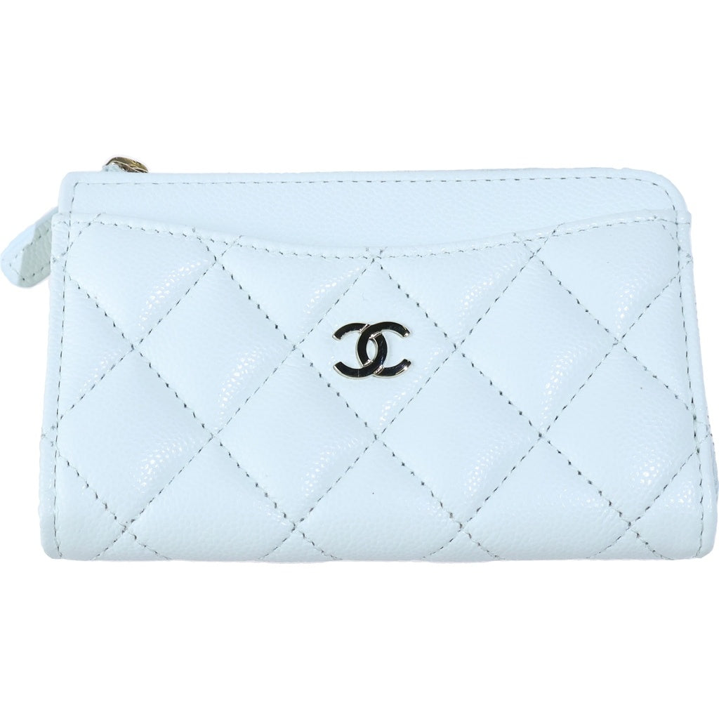 CHANEL(シャネル) マトラッセ フラグメントケース ジップ カードケース パスケース コインケース シルバー金具 キャビアスキン ペールブルー レディース