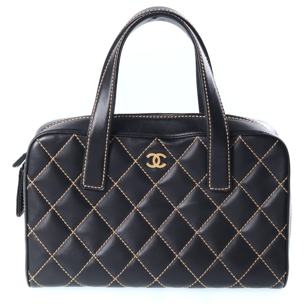 CHANEL(シャネル) ワイルドステッチ カーフスキン レザー ハンド ボストンバッグ ゴールド金具 ブラック 8番台 レディース