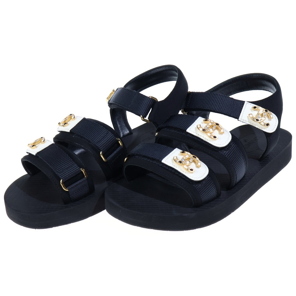CHANEL(シャネル) ココマーク ラインストーン ベルクロサンダル ラバーソール ゴールド金具 フラットサンダル シューズ #37 ブラック G46448 レディース
