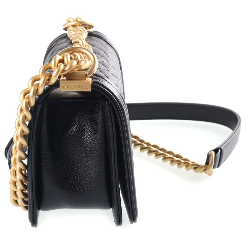 CHANEL(シャネル) ボーイシャネル20 マトラッセ スモール キャビアスキン レザー チェーンショルダーバッグ ゴールド金具 ブラック プレート A67085 レディース