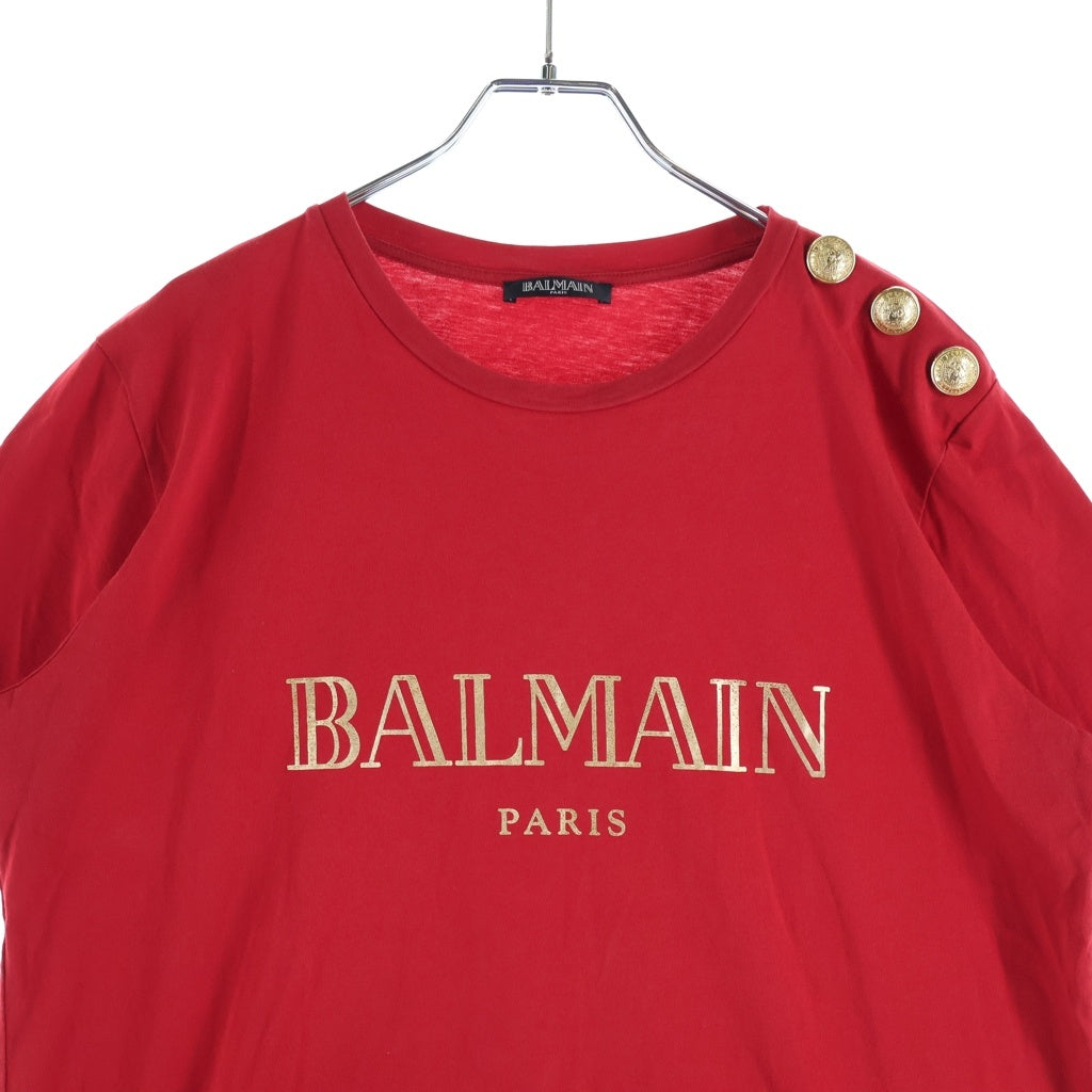 BALMAIN(バルマン) ロゴプリント 袖ボタン コットン 半袖 Tシャツ カットソー #42 レッド