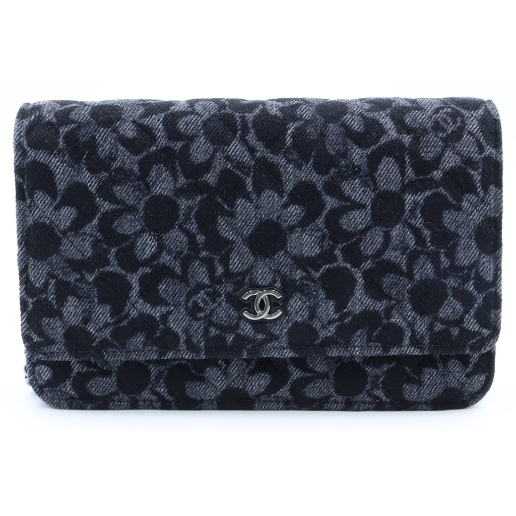 CHANEL(シャネル) チェーンウォレット フローラル柄 デニム ショルダーバッグ ポーチ ブラック AP0250 プレート レディース