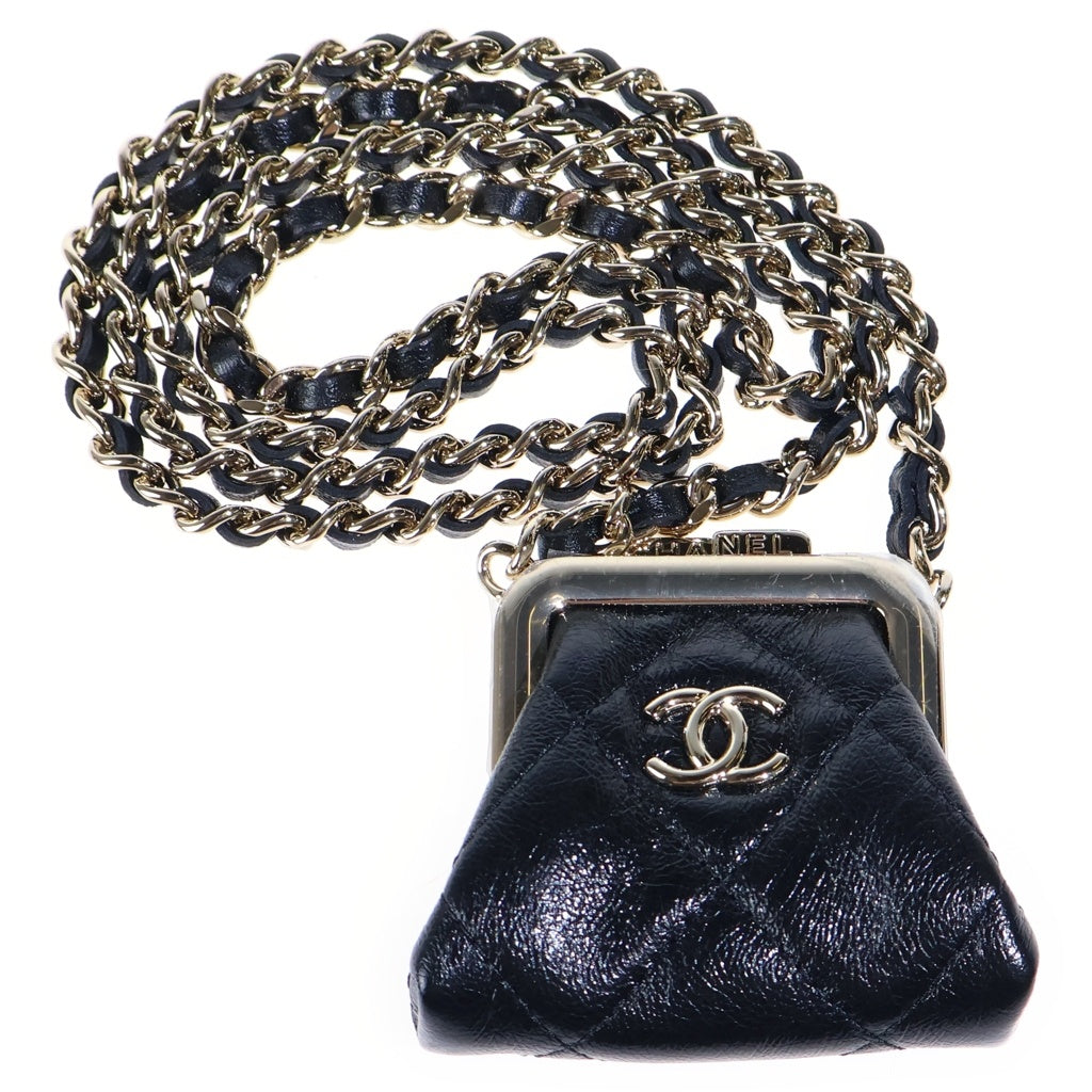 CHANEL(シャネル) マトラッセ がま口チェーンウォレット ポーチ ブラック ラムスキン ゴールド金具 レディース