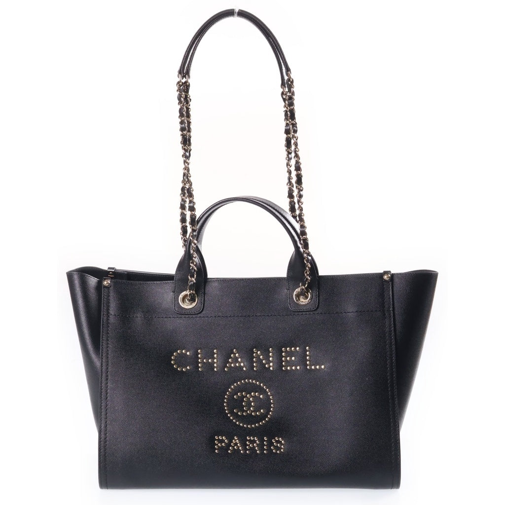 CHANEL(シャネル) ドーヴィルMM スタッズ チェーントートバッグ ブラック キャビアスキン シルバー金具 29番 レディース