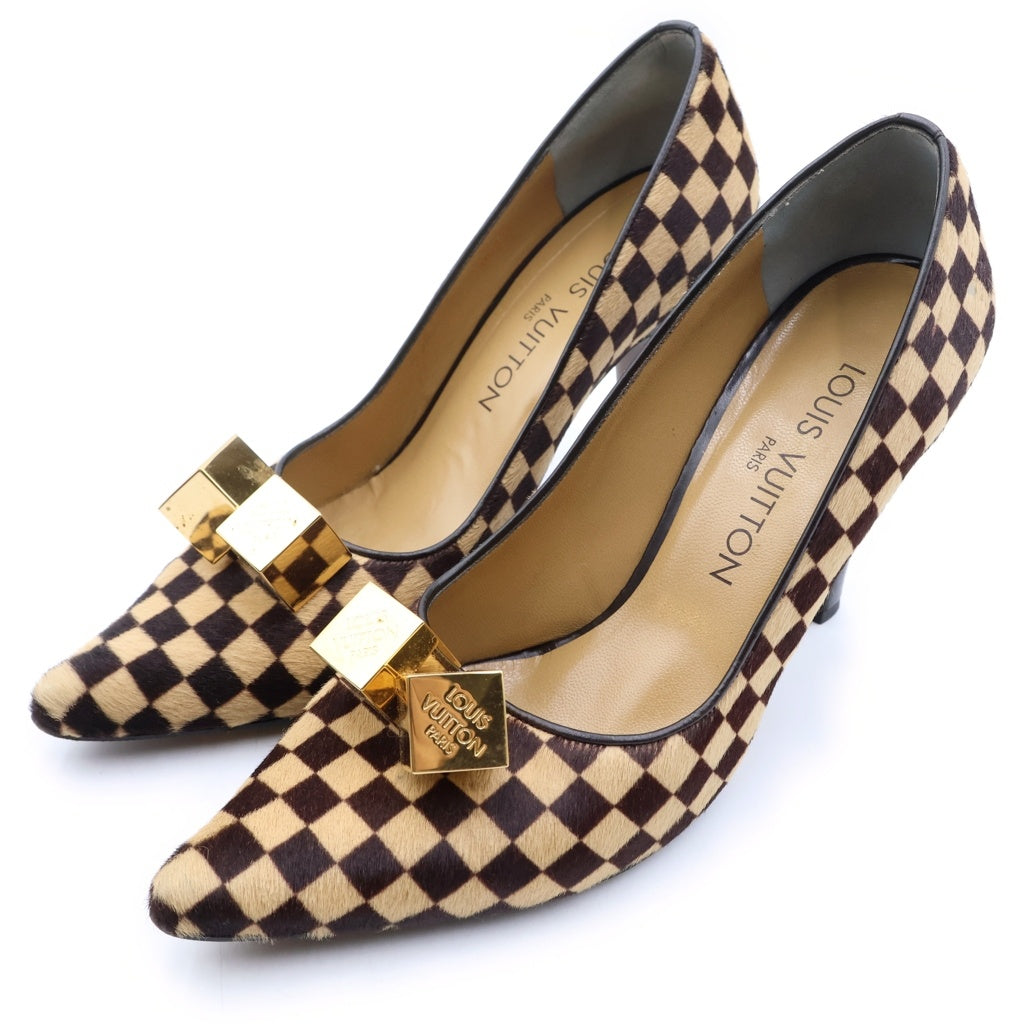 LOUIS VUITTON(ルイヴィトン) ダミエ ソバージュ ハラコ ロゴキューブ ヒールパンプス ブラウン レディース