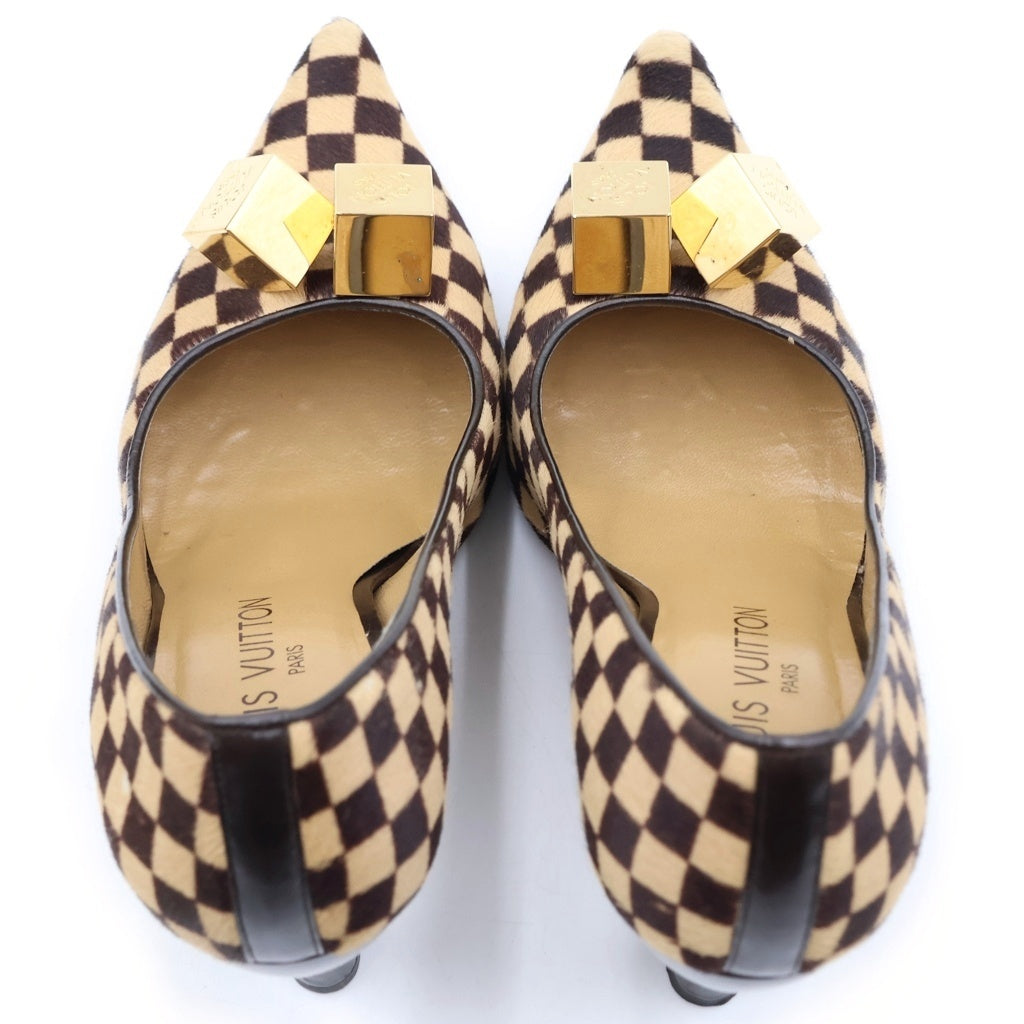 LOUIS VUITTON(ルイヴィトン) ダミエ ソバージュ ハラコ ロゴキューブ ヒールパンプス ブラウン レディース
