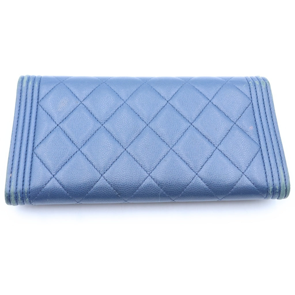 CHANEL(シャネル) ボーイシャネル 二つ折り財布 ロングウォレット カードケース ブルー ネイビー キャビアスキン ガンメタ金具 レディース