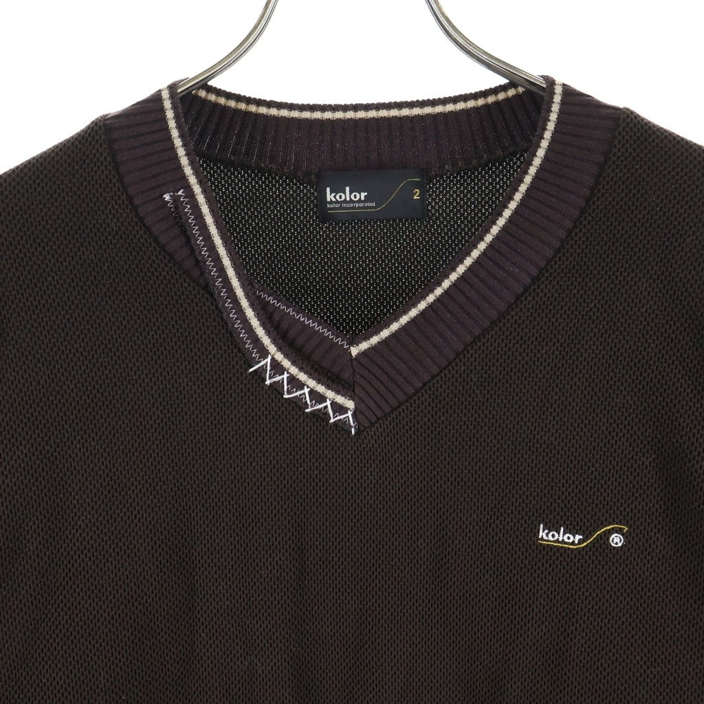 kolor(カラー) 24AW Stitch Design Knit 襟ステッチデザイン 長袖ニット セーター ロゴ刺繍 サーマル地 ブラウン 24WCM-T04202