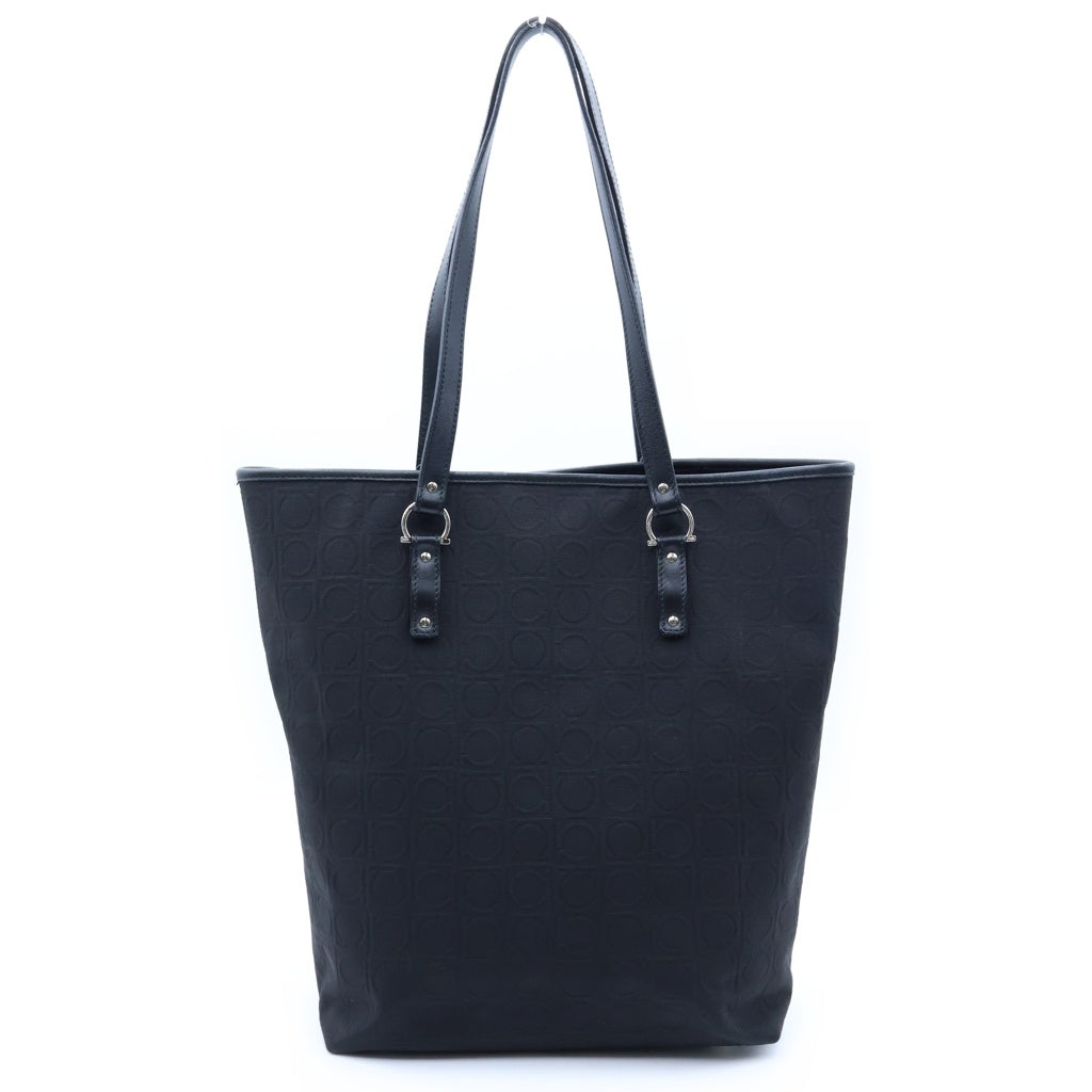 FERRAGAMO(フェラガモ) ガンチーニ キャンバス レザー トートバッグ シルバー金具 ブラック レディース