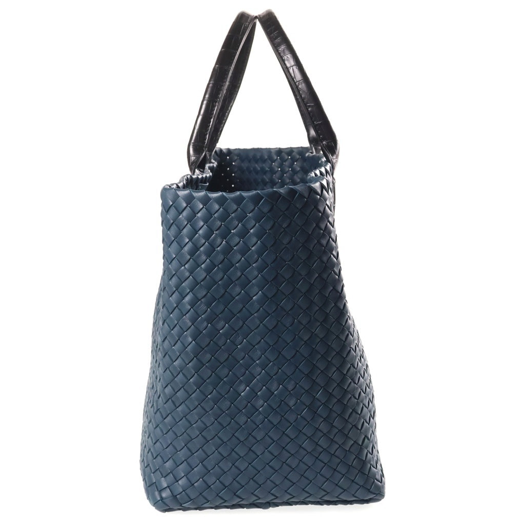 BOTTEGA VENETA(ボッテガヴェネタ) イントレチャート カバMM 型押しクロコハンドル トートバッグ ハンドバッグ ブルー×ブラック レザー レディース