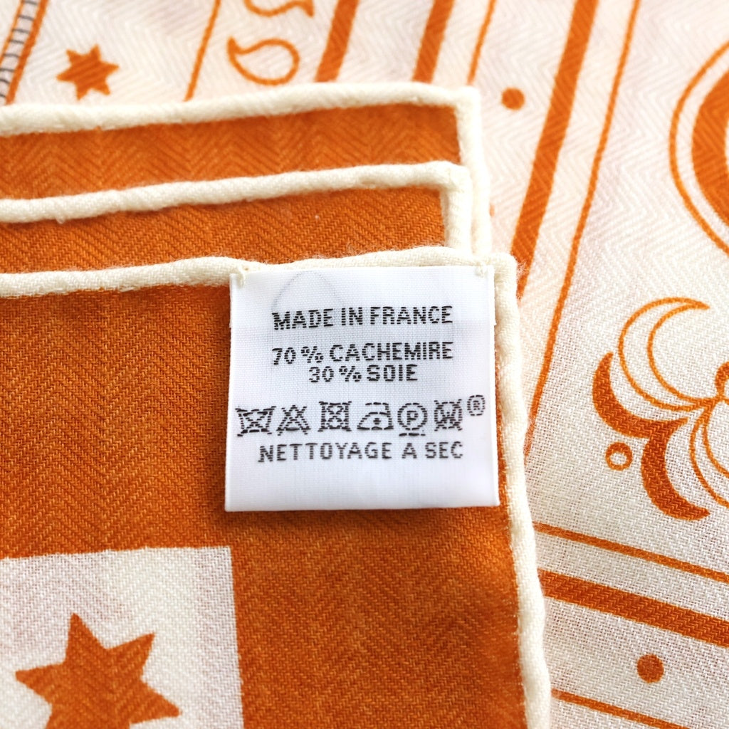 HERMES(エルメス) カレジェアン グラン アパラ バンダナ スカーフ カシミヤ コットン オランジュ キュイ/ホワイト レディース