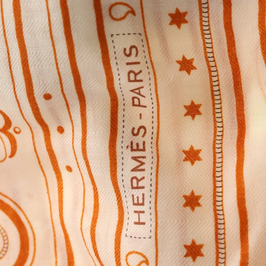 HERMES(エルメス) カレジェアン グラン アパラ バンダナ スカーフ カシミヤ コットン オランジュ キュイ/ホワイト レディース