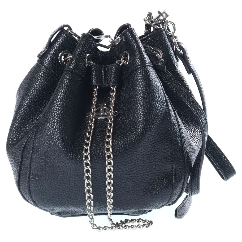 Vivienne Westwood(ヴィヴィアンウエストウッド) オーブロゴプレート ヴィーガンレザー 巾着 チェーン ショルダー バッグ ブラック シルバー金具 レディース
