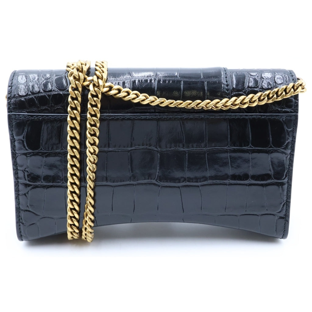 BALENCIAGA(バレンシアガ) HOURGLASS アワーグラス チェーン ミニ ウォレット クロコ型押し レザー ブラック レディース