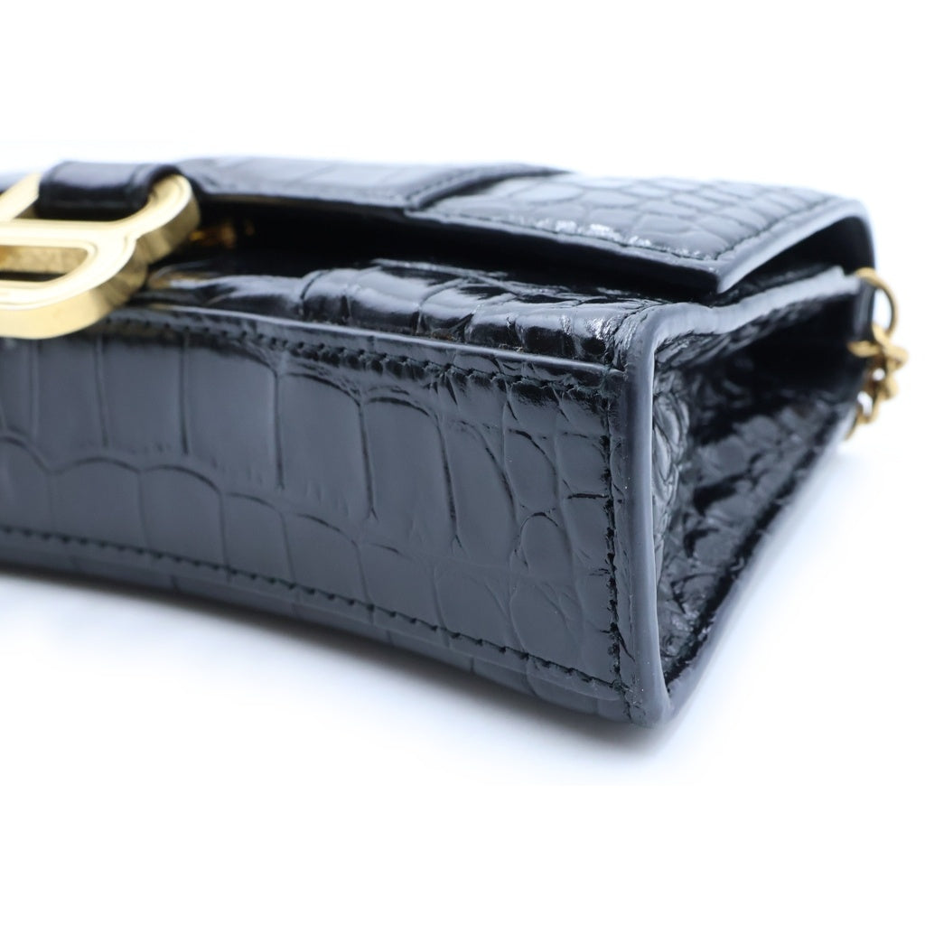 BALENCIAGA(バレンシアガ) HOURGLASS アワーグラス チェーン ミニ ウォレット クロコ型押し レザー ブラック レディース