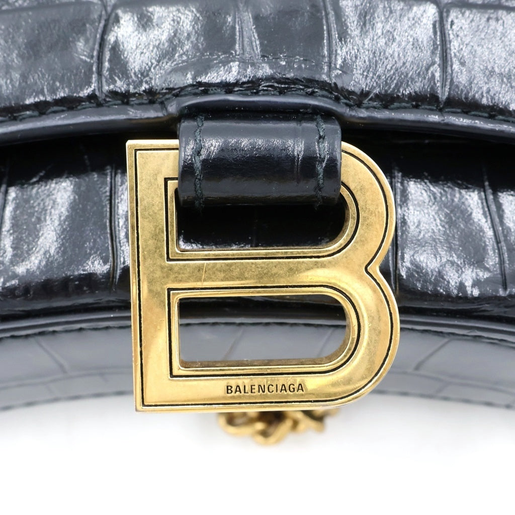 BALENCIAGA(バレンシアガ) HOURGLASS アワーグラス チェーン ミニ ウォレット クロコ型押し レザー ブラック レディース