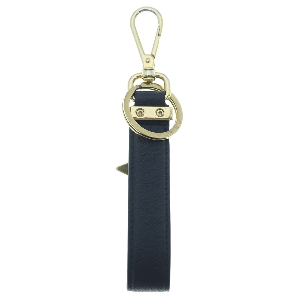 NO BRAND(ノーブランド) トライアングルロゴプレート サフィアーノレザー キーリング キーホルダー ゴールド金具 ブラック