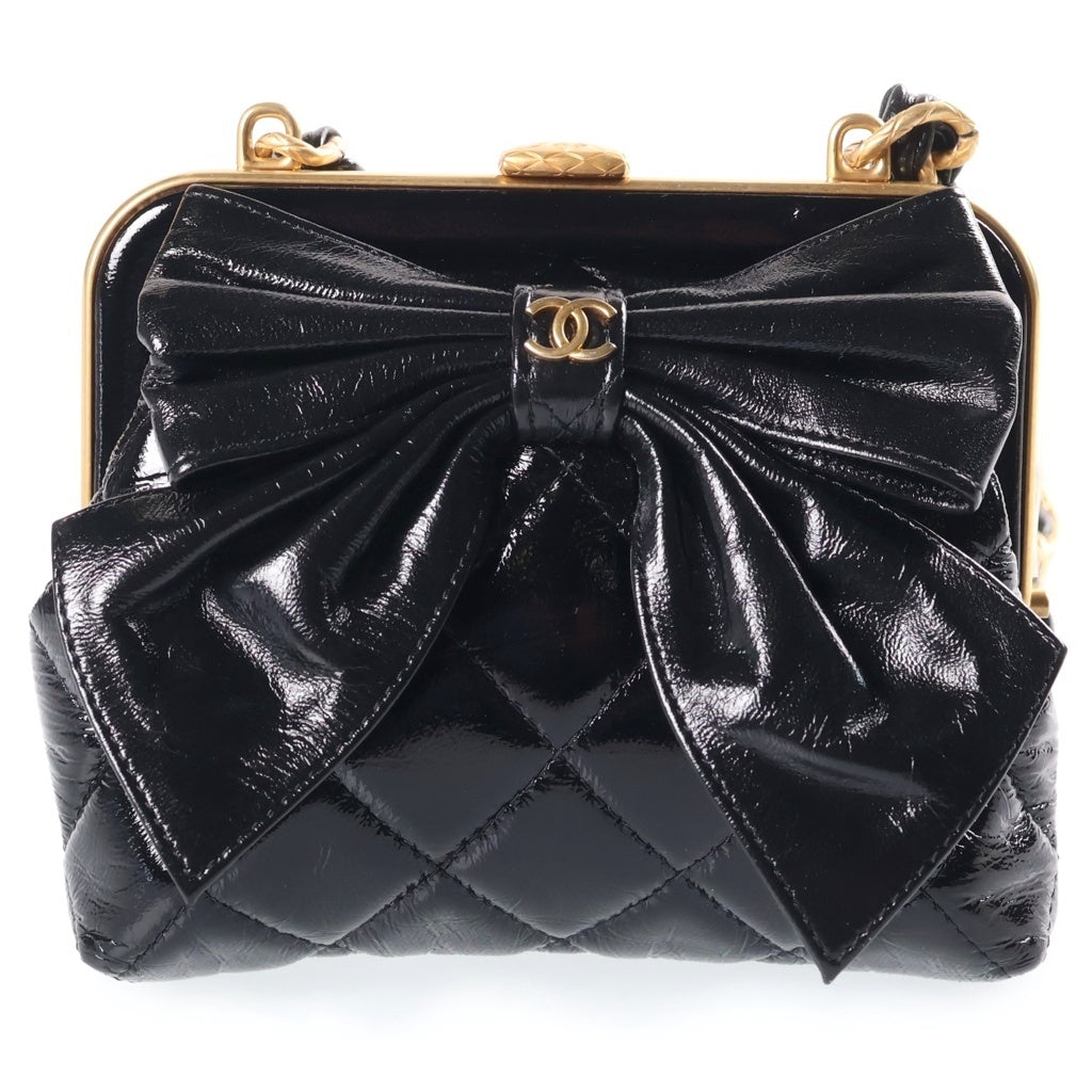 CHANEL(シャネル) シャネル リボン チェーン がま口 バッグ 黒 GD金具 AP4028 レディース
