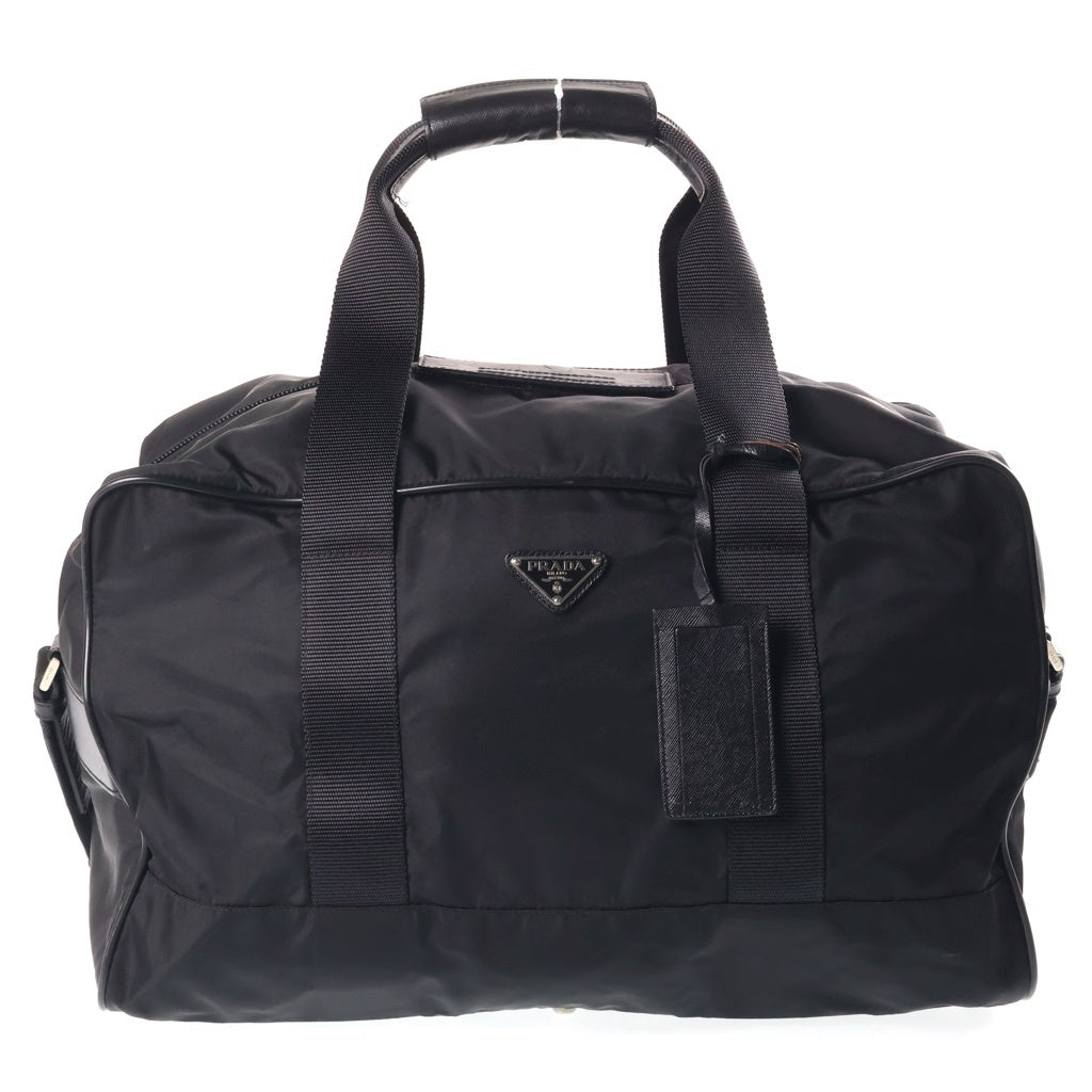 PRADA(プラダ) トライアングルロゴプレート ボストンバッグ トラベルバッグ ハンドバッグ ショルダーバッグ ブラック レザー×ナイロン シルバー金具