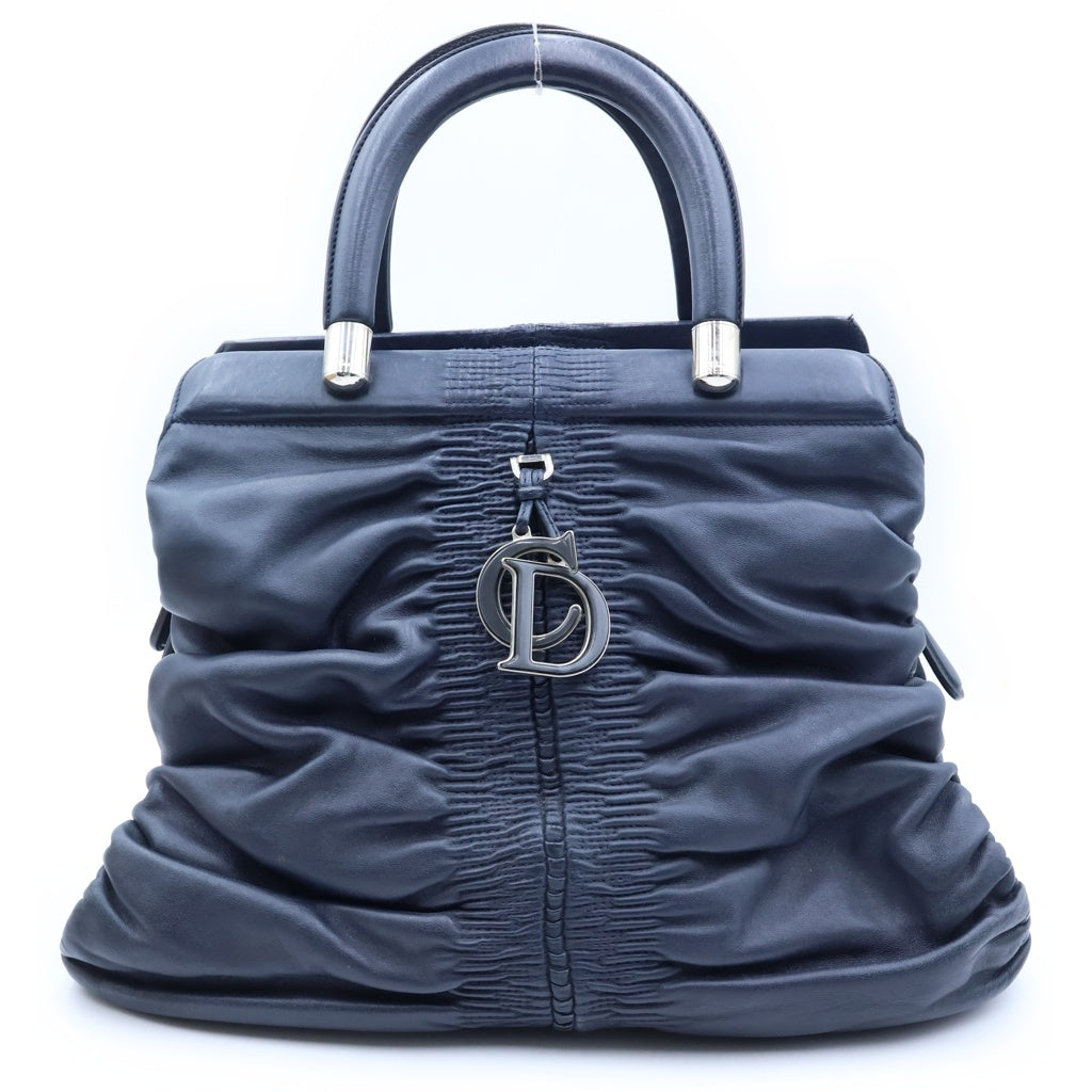 Christian Dior(クリスチャンディオール) カレーニナ ギャザー ハンドバック ネイビー レザー シルバー金具 レディース