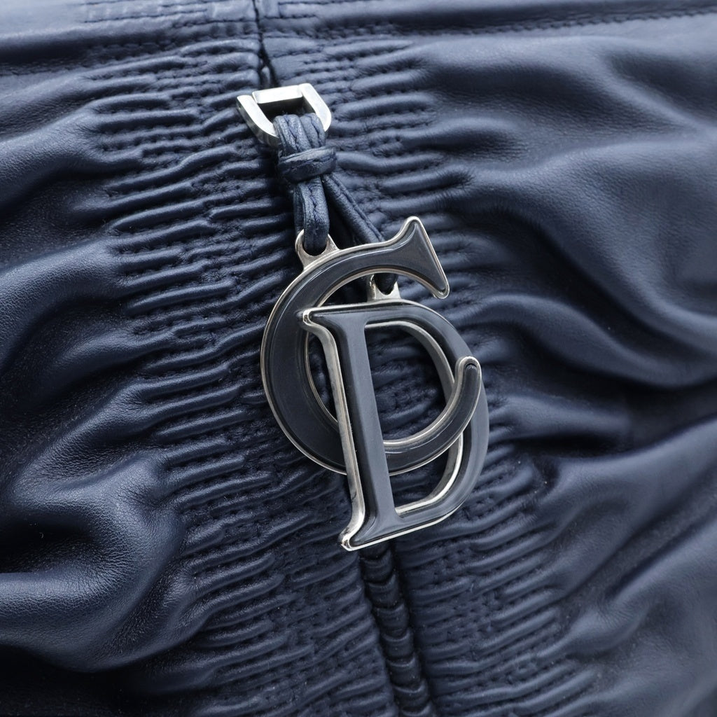 Christian Dior(クリスチャンディオール) カレーニナ ギャザー ハンドバック ネイビー レザー シルバー金具 レディース