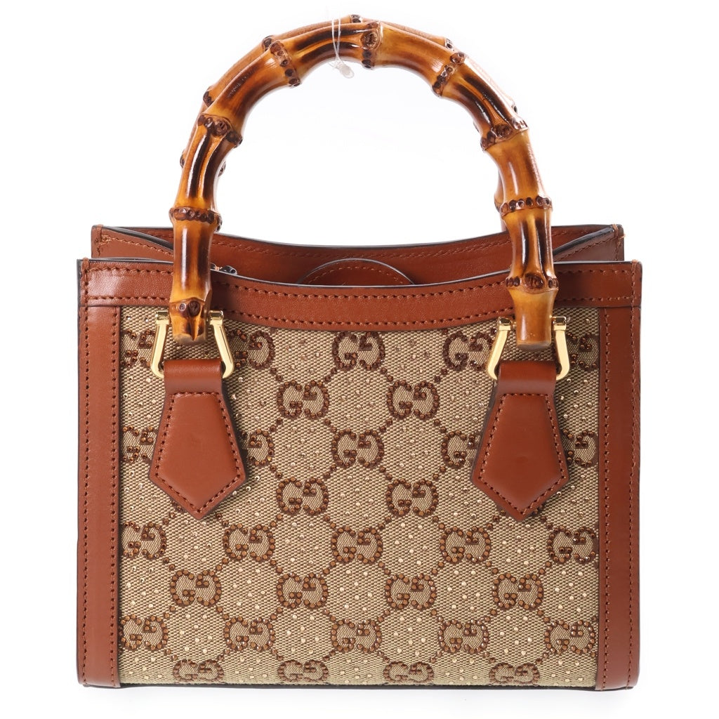 GUCCI(グッチ) ダイアナ クリスタル スモール 2WAYハンドバッグ ショルダーバッグ ラインストーン ブラウン キャンバス×レザー 707449 ゴールド金具 レディース