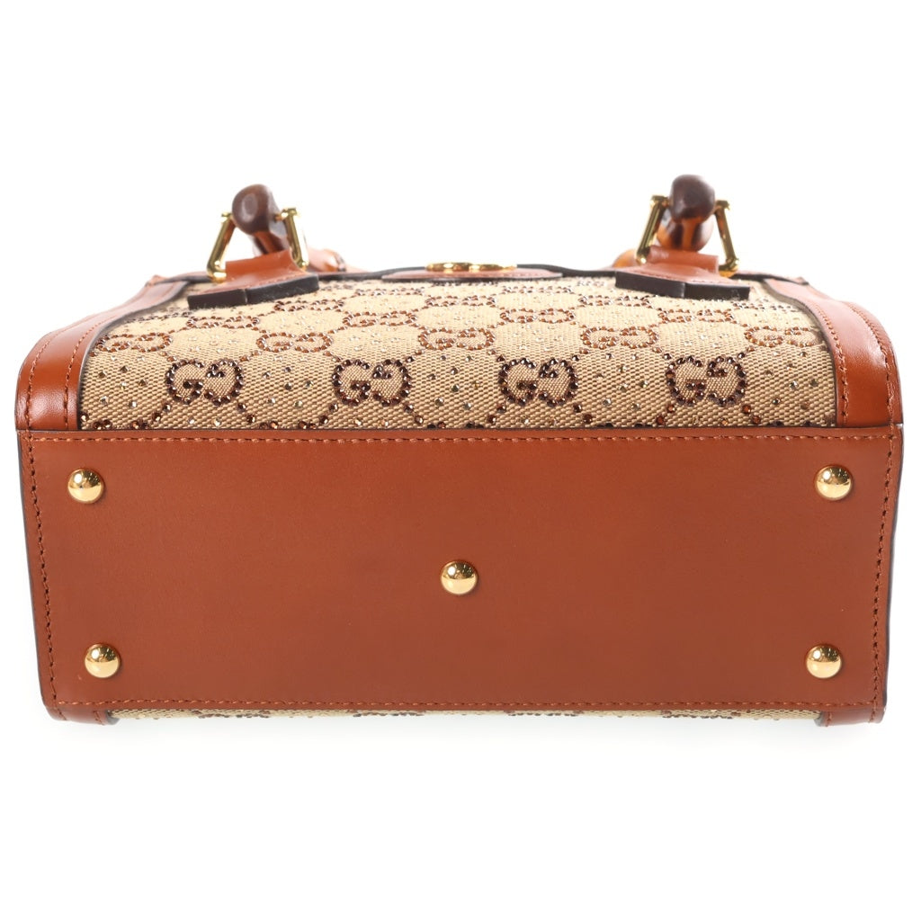 GUCCI(グッチ) ダイアナ クリスタル スモール 2WAYハンドバッグ ショルダーバッグ ラインストーン ブラウン キャンバス×レザー 707449 ゴールド金具 レディース