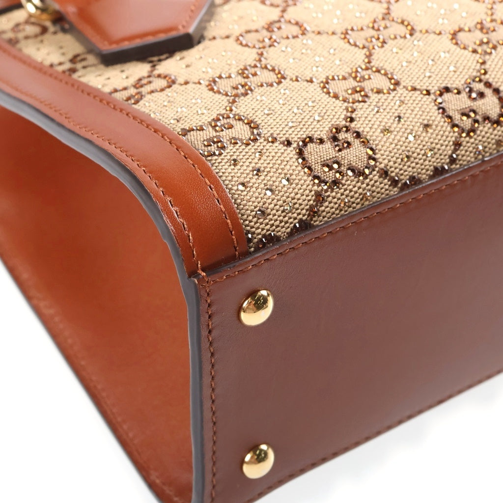 GUCCI(グッチ) ダイアナ クリスタル スモール 2WAYハンドバッグ ショルダーバッグ ラインストーン ブラウン キャンバス×レザー 707449 ゴールド金具 レディース