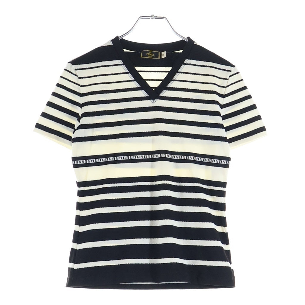FENDI(フェンディ) OLD Vネック ボーダー柄 半袖Tシャツ カットソー ブラック/ホワイト レディース