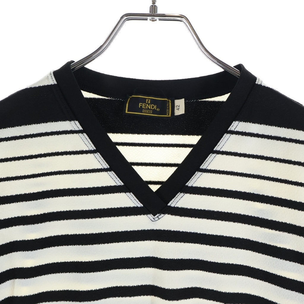 FENDI(フェンディ) OLD Vネック ボーダー柄 半袖Tシャツ カットソー ブラック/ホワイト レディース
