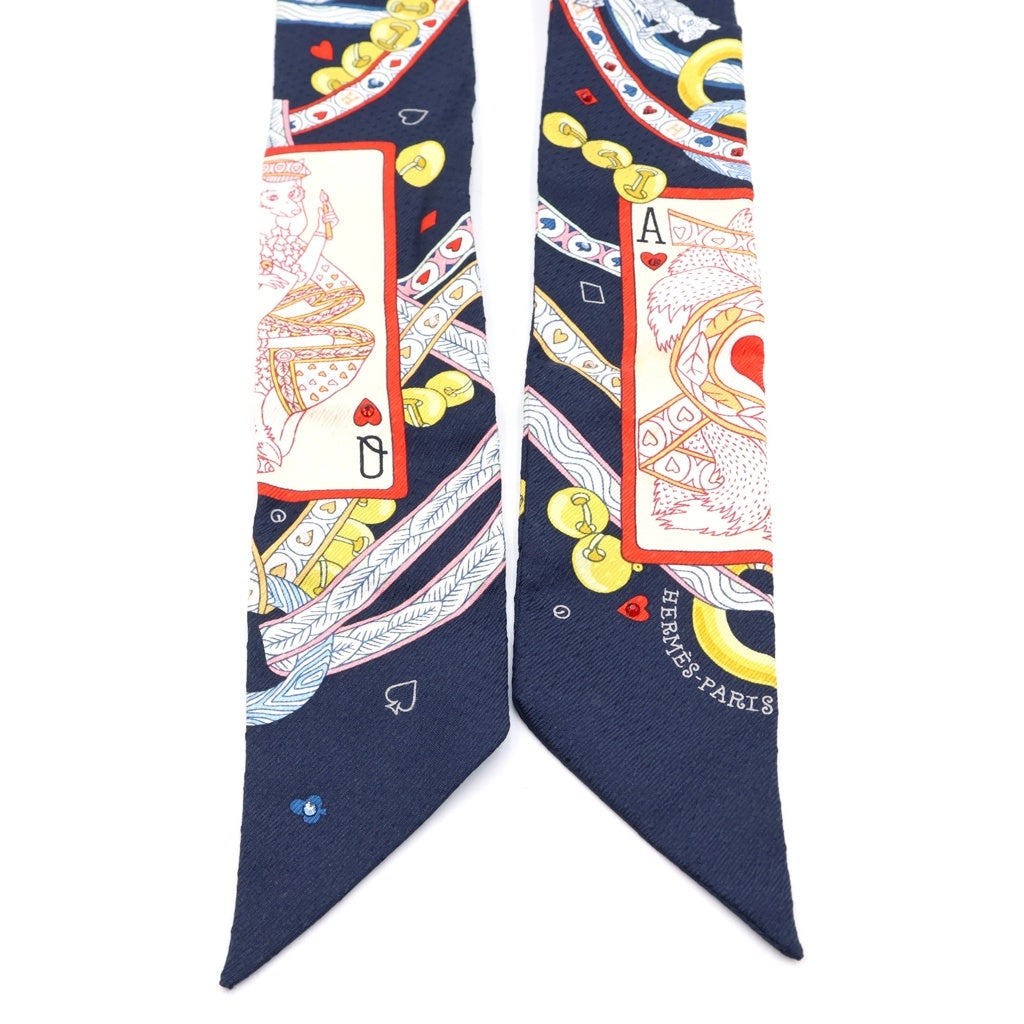 HERMES(エルメス) ツイリー DAME DE COEUR ハートのクイーン トランプ スカーフ ビジュー ストーン シルク ネイビー レディース
