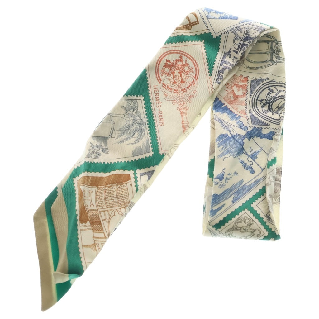 HERMES(エルメス) ツイリー LE PHILATELISTE DU FAUBOURG フォーブルの切手愛好家 スカーフ シルク ホワイト/グリーン レディース
