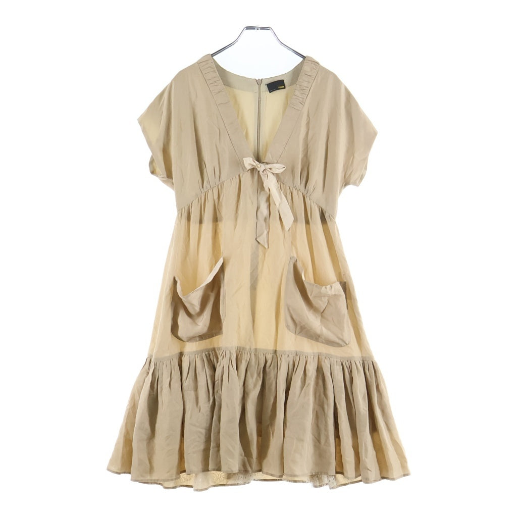 FENDI(フェンディ) 裾レースフリル バックジップ半袖ワンピース ベージュ #38 FD6564 レディース
