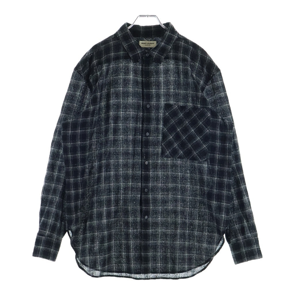 SAINT LAURENT PARIS(サンローランパリ) チェック柄 ガーゼ ウール 長袖シャツ ブラック #M DO10 666863 Y23W