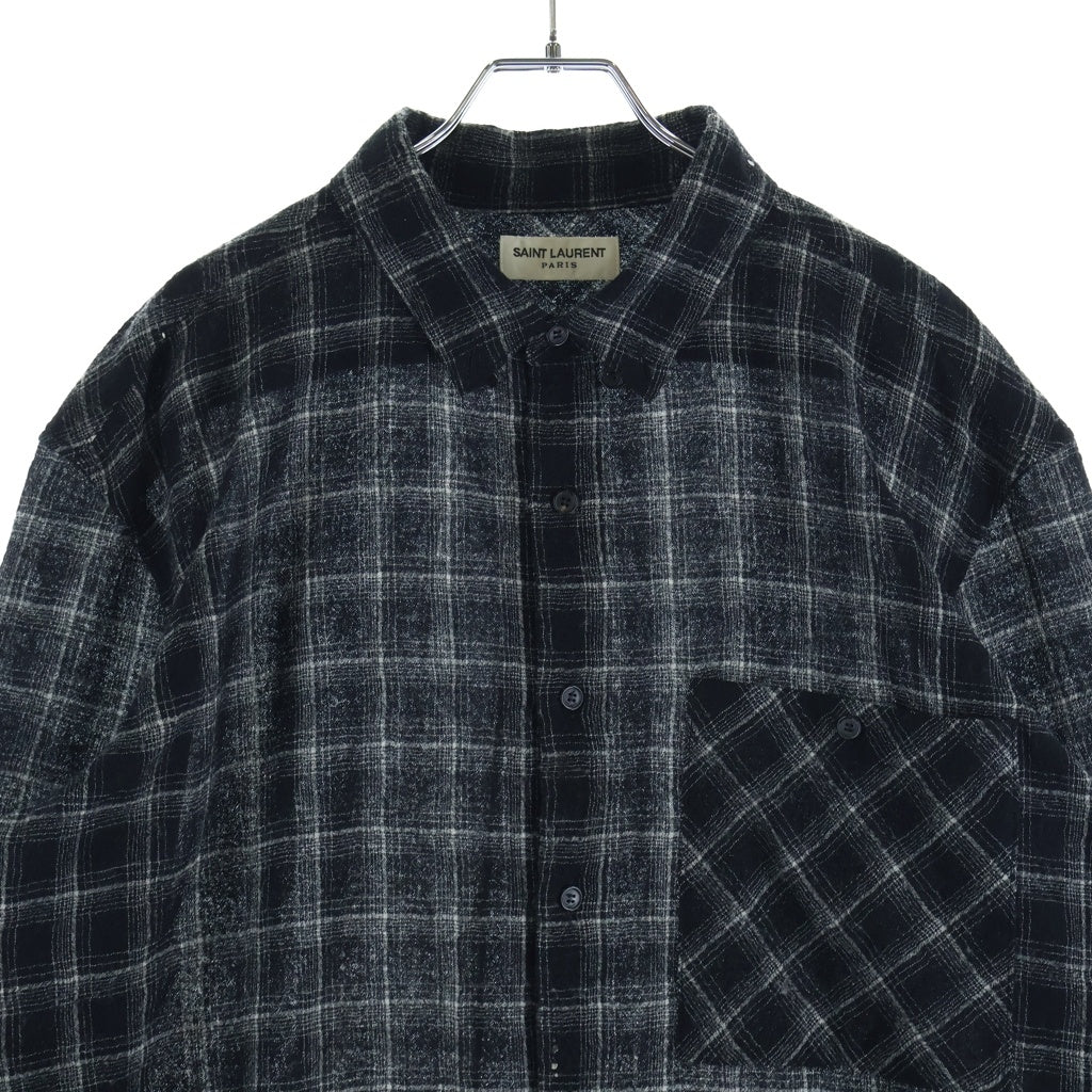 SAINT LAURENT PARIS(サンローランパリ) チェック柄 ガーゼ ウール 長袖シャツ ブラック #M DO10 666863 Y23W