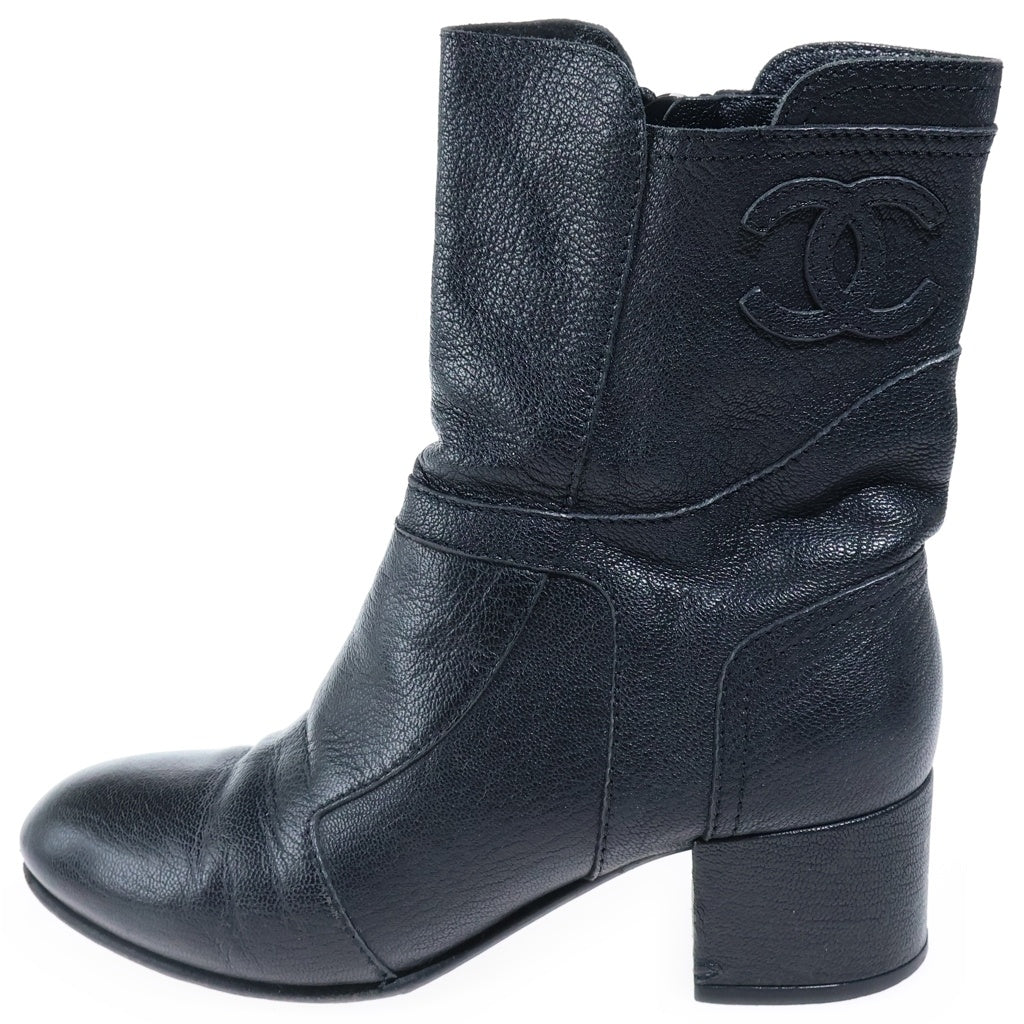 CHANEL(シャネル) ココマーク レザー サイドジップ ヒール ショートブーツ シューズ ブラック レディース