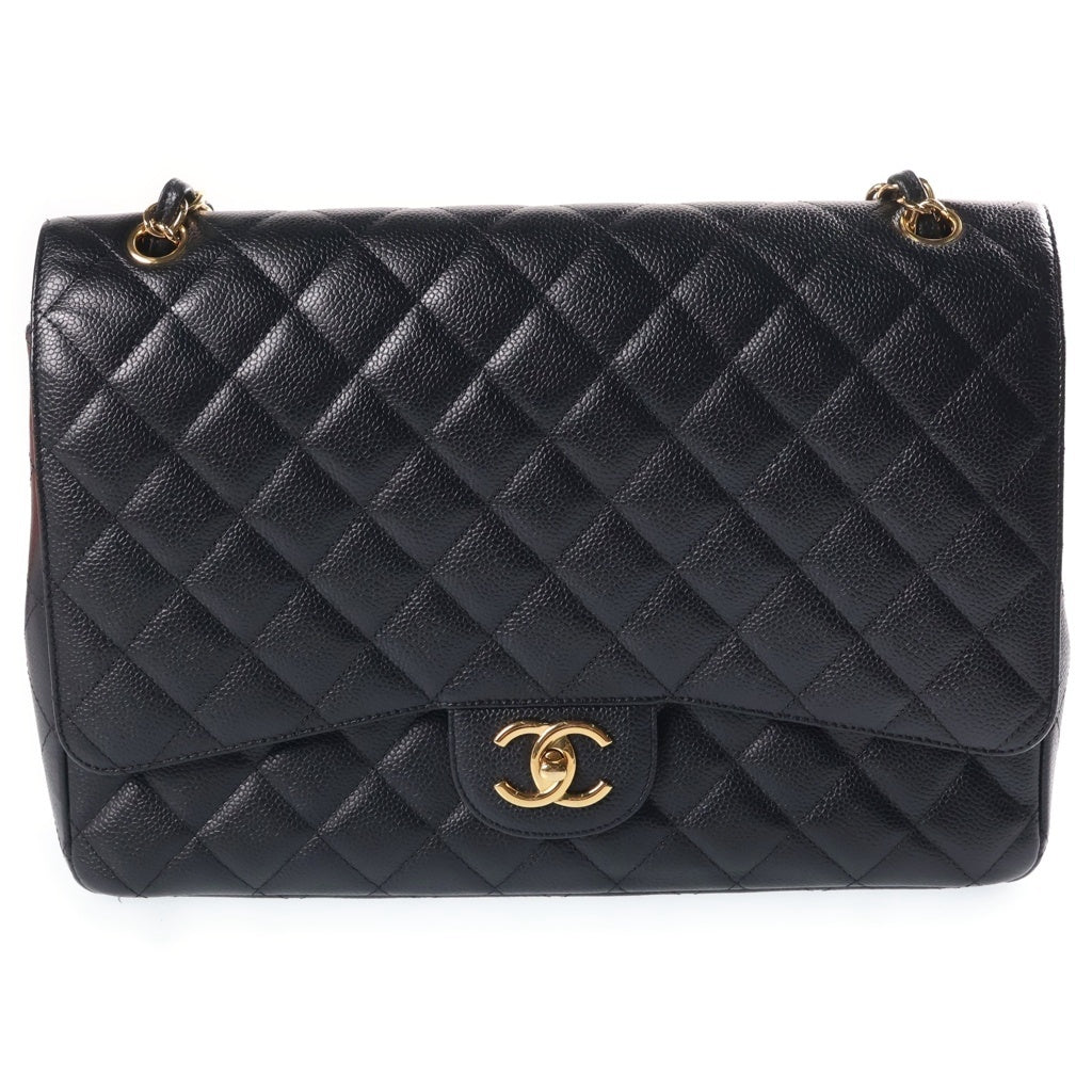 CHANEL(シャネル) デカマトラッセ WフラップWチェーンショルダーバッグ ブラック キャビアスキン 14番台 ゴールド金具 レディース