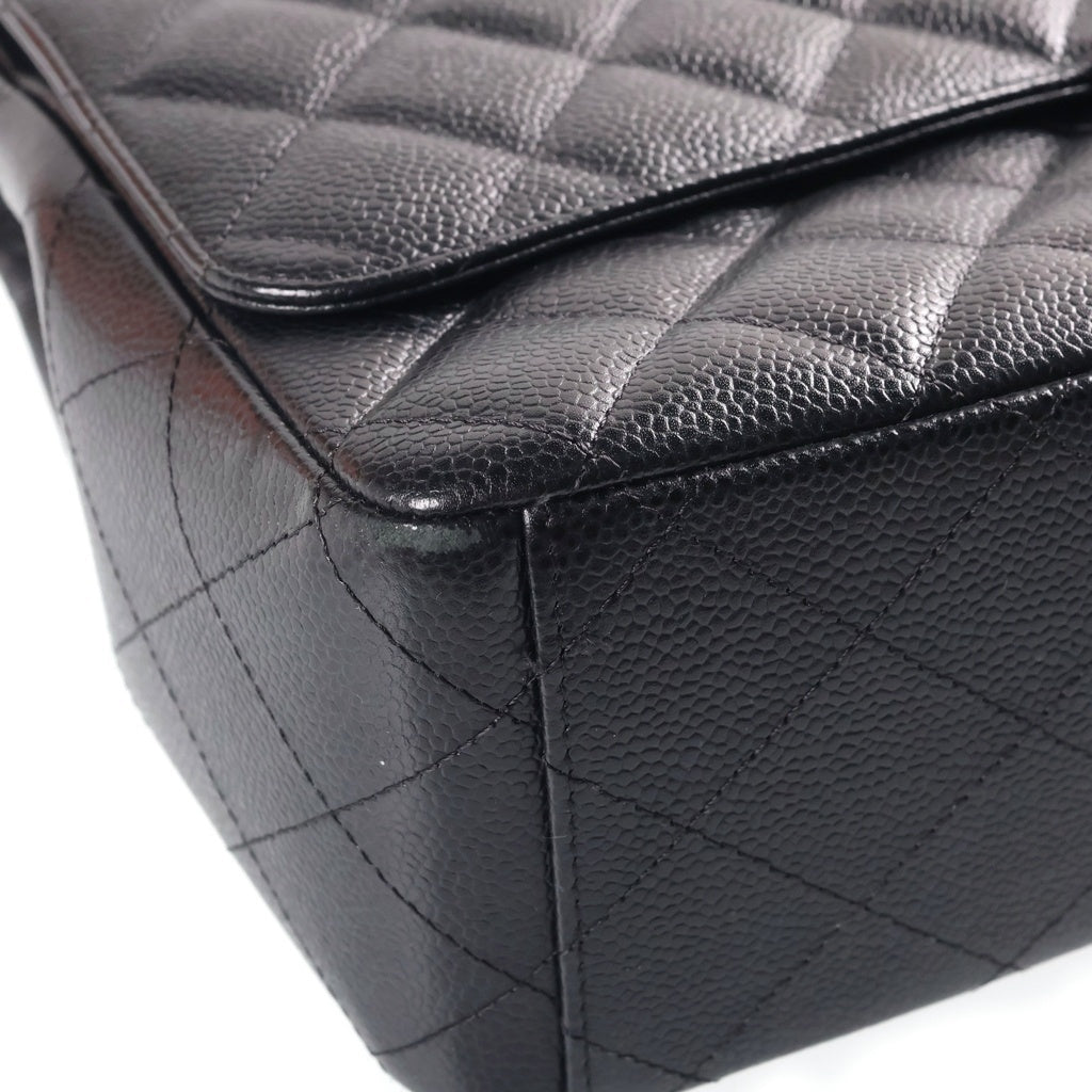 CHANEL(シャネル) デカマトラッセ WフラップWチェーンショルダーバッグ ブラック キャビアスキン 14番台 ゴールド金具 レディース