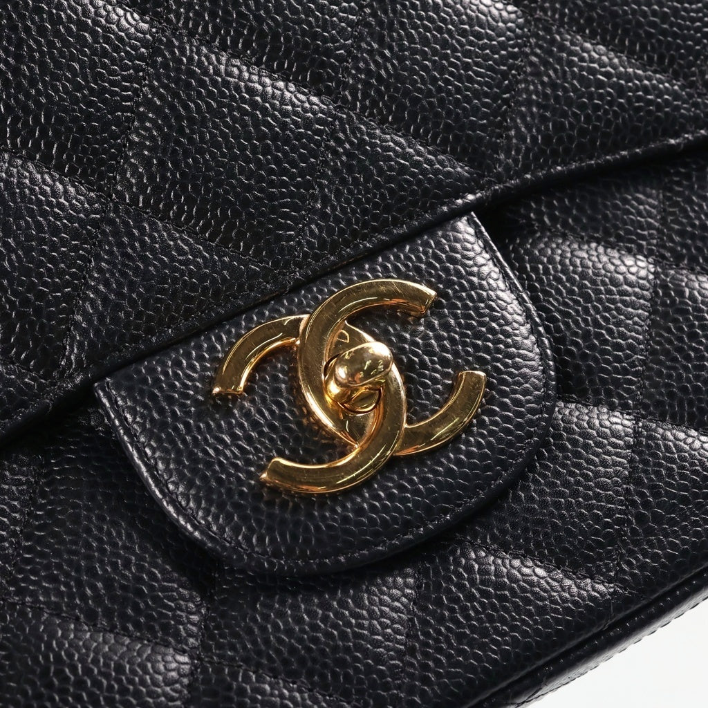CHANEL(シャネル) デカマトラッセ WフラップWチェーンショルダーバッグ ブラック キャビアスキン 14番台 ゴールド金具 レディース