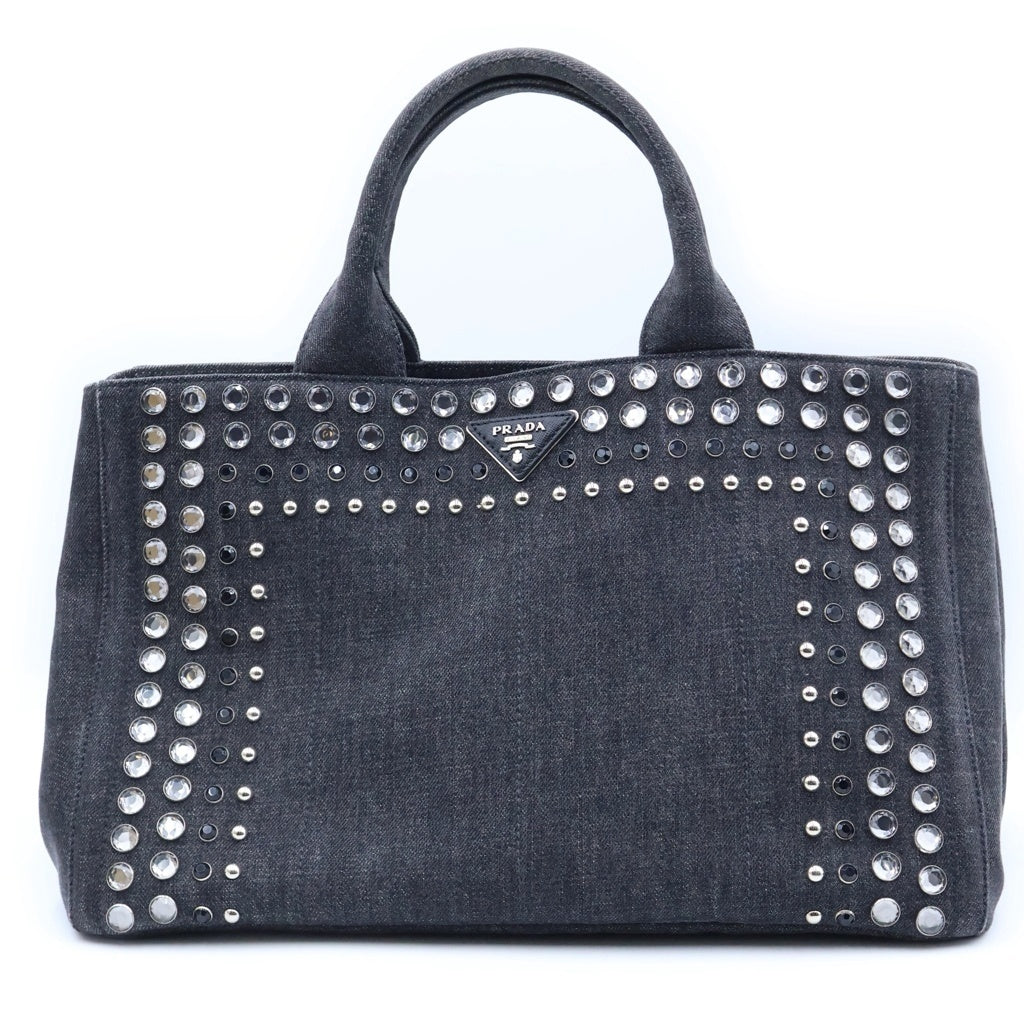 PRADA(プラダ) カナパ ラインストーン 2WAYハンドバッグ ショルダーバッグ グレー デニム シルバー金具 レディース