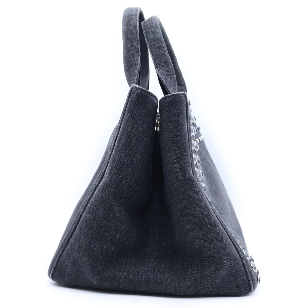 PRADA(プラダ) カナパ ラインストーン 2WAYハンドバッグ ショルダーバッグ グレー デニム シルバー金具 レディース