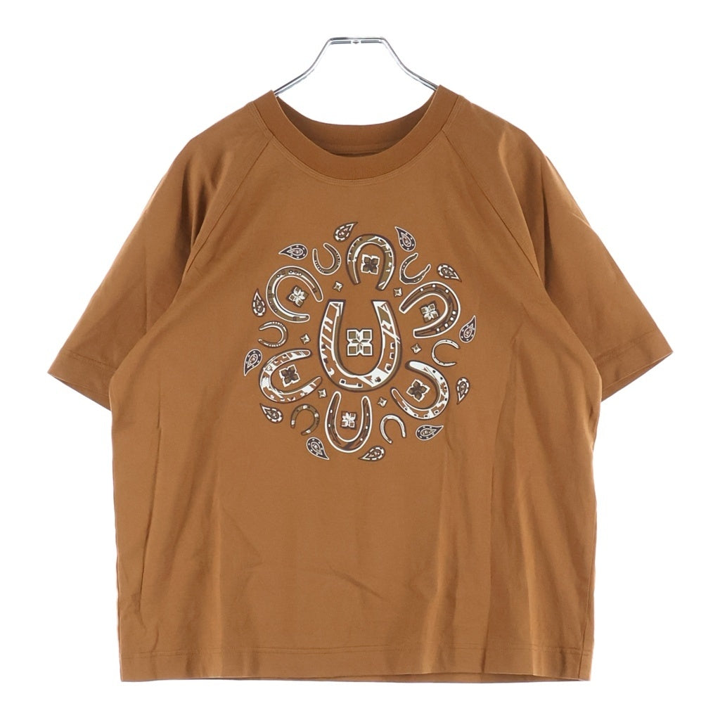 HERMES(エルメス) カルトゥッシュ ロゴプリント 半袖Tシャツ キャメルブラウン コットン レディース