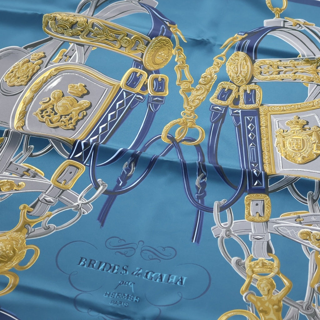 HERMES(エルメス) カレ90 ダブルフェイス 式典用馬勒 シルクスカーフ ブルー レディース